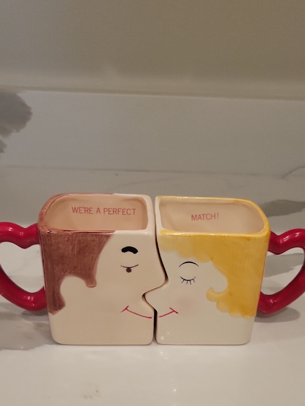 Cute Red-Handled Pair of 'We're a Perfect Match' Ceramic Mugs
